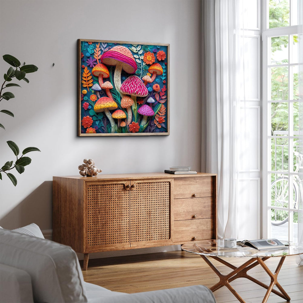 PPuzzling finished puzzle on wall, showcases vibrant forest artwork as decor.