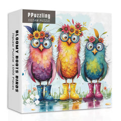 PPuzzling floral owl puzzle with boots – vibrant colors for engaging family puzzle night.