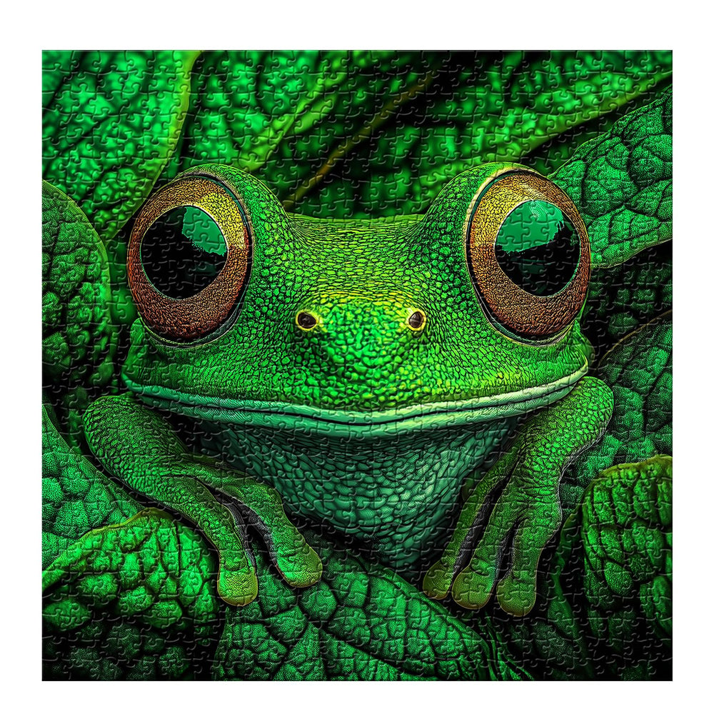 PPuzzling frog puzzle close-up green tree frog – rich textures for focus and relaxation