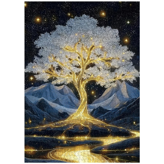 PPuzzling Golden Tree 1000-piece puzzle box with reference poster aids setup.