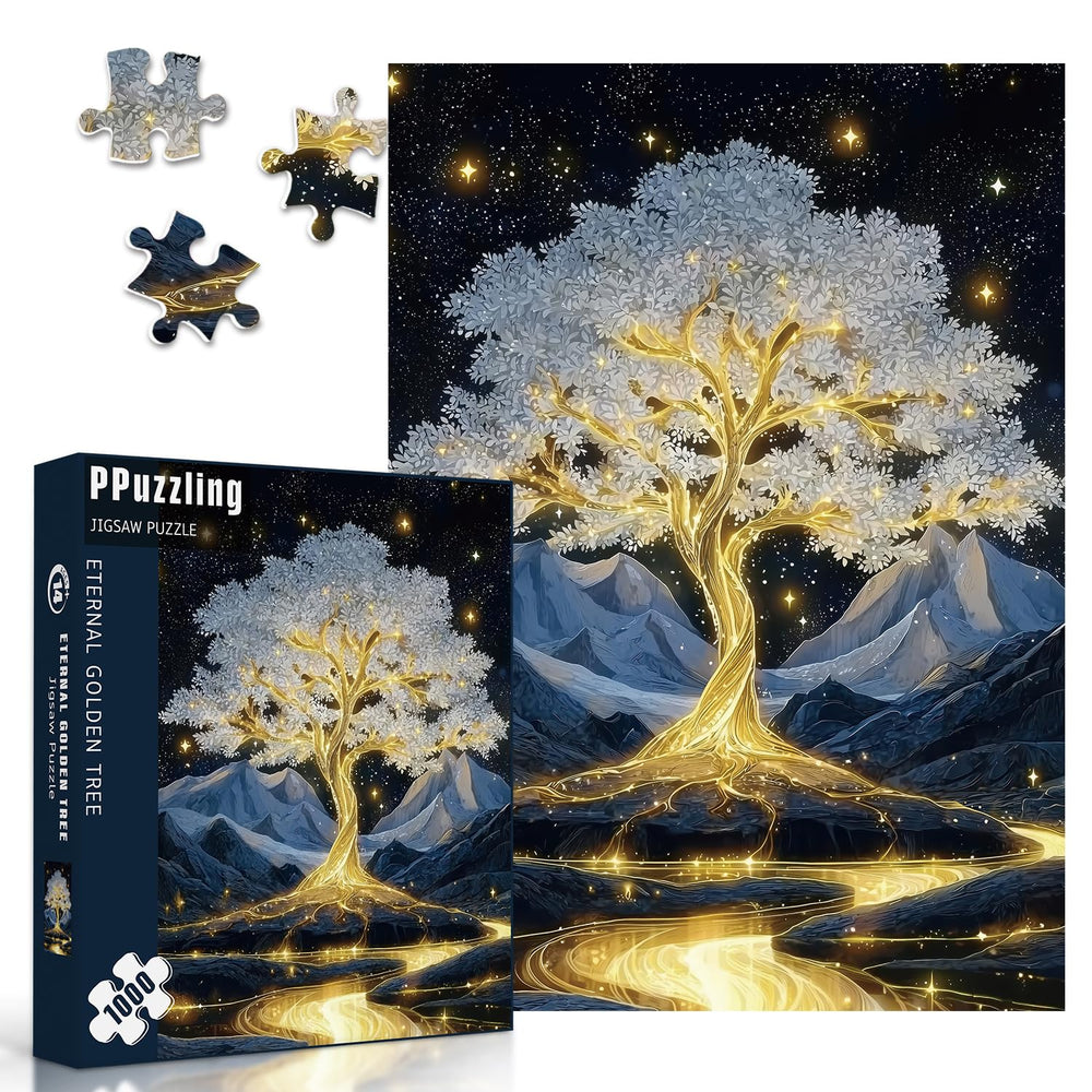 PPuzzling Golden Tree starry night scene highlights a glowing landscape for immersive sessions.