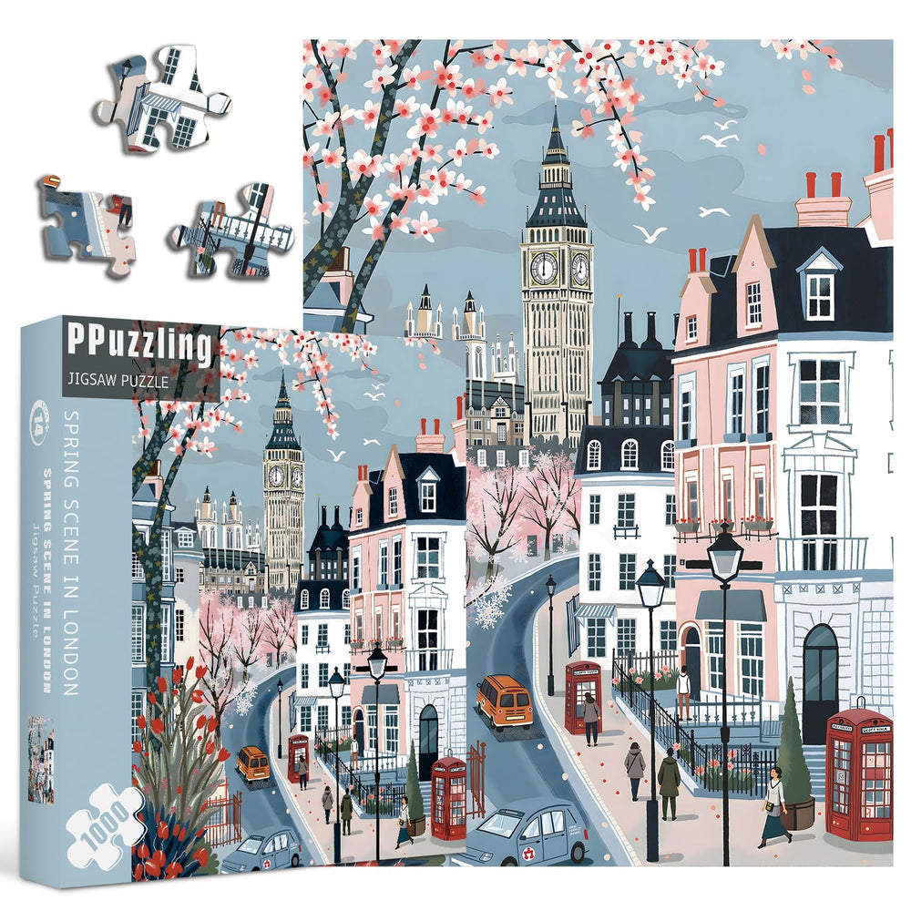 PPuzzling London Spring 1000-piece puzzle featuring Big Ben and blossoms for relaxing evenings.