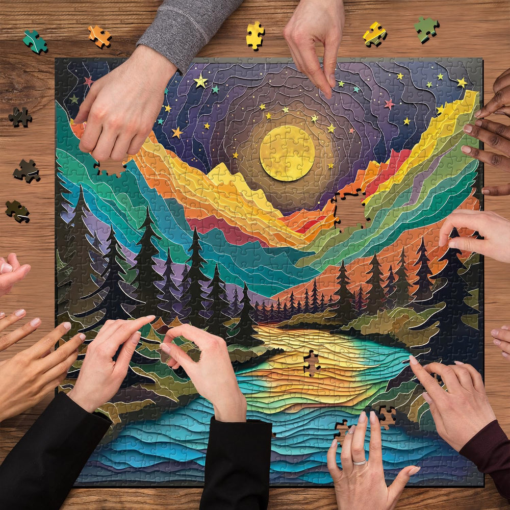 PPuzzling Starry Night mountains and river landscape with rainbow hues