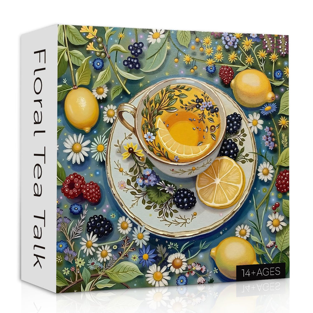 PPuzzling Vintage Teacups puzzle art with lemon tea evokes cozy tea-time nostalgia.