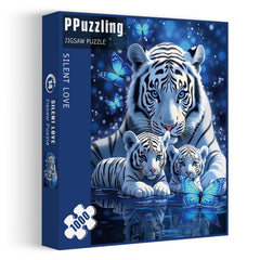 PPuzzling White Tiger with cubs and blue butterflies for family-friendly wildlife art.