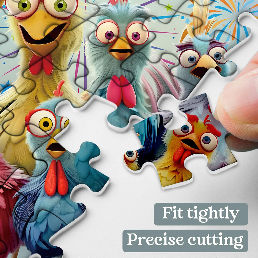 PPuzzling winter chicken family illustration on bright, festive puzzle art for joyful gatherings.