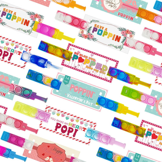 PRAABDC 24-pcs Valentine pop bracelet worn on wrist with vibrant colors.