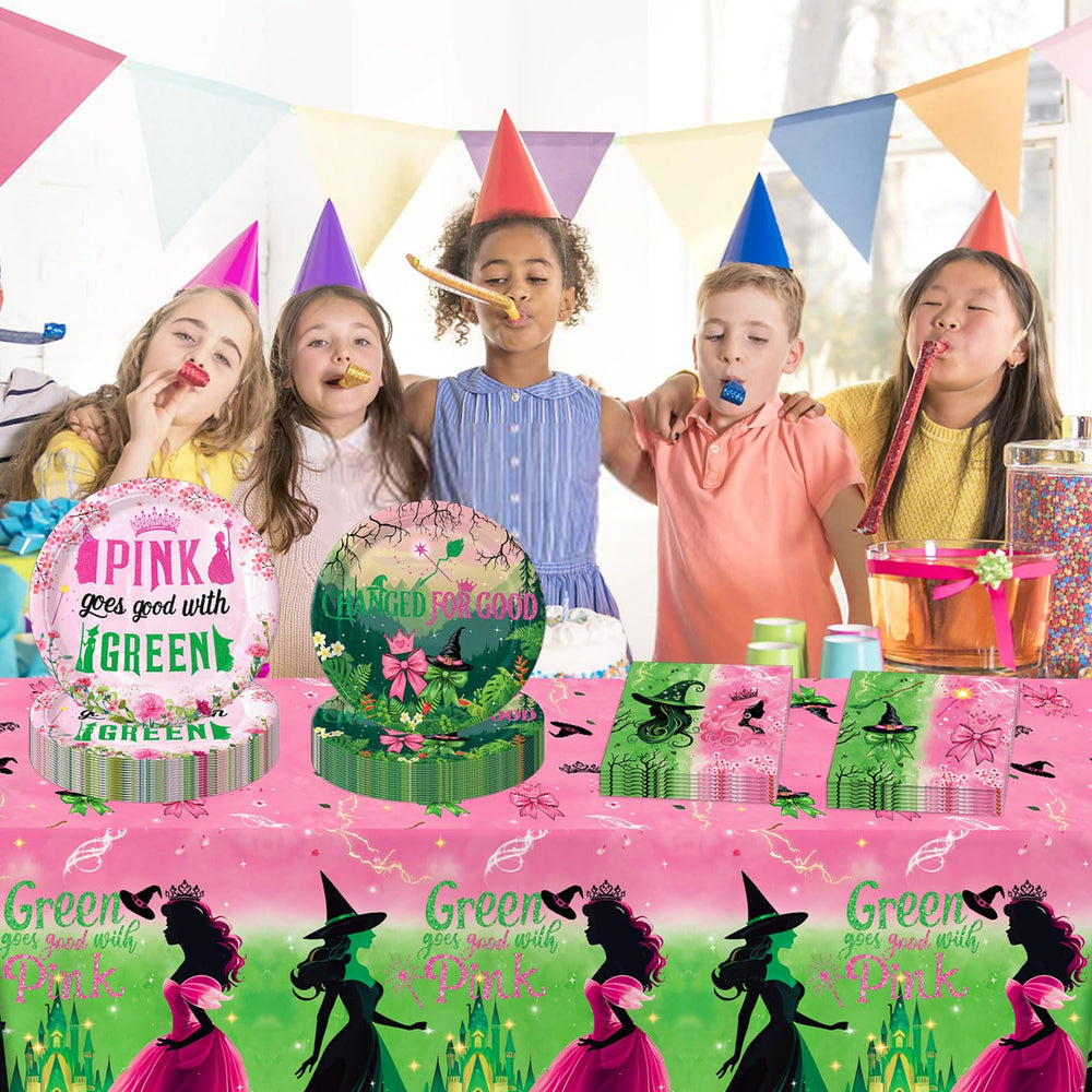Practice Star Witch Party coordinated pink and green tableware setup