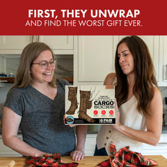 Prank-O cargo socks box top view highlights the graphic design.