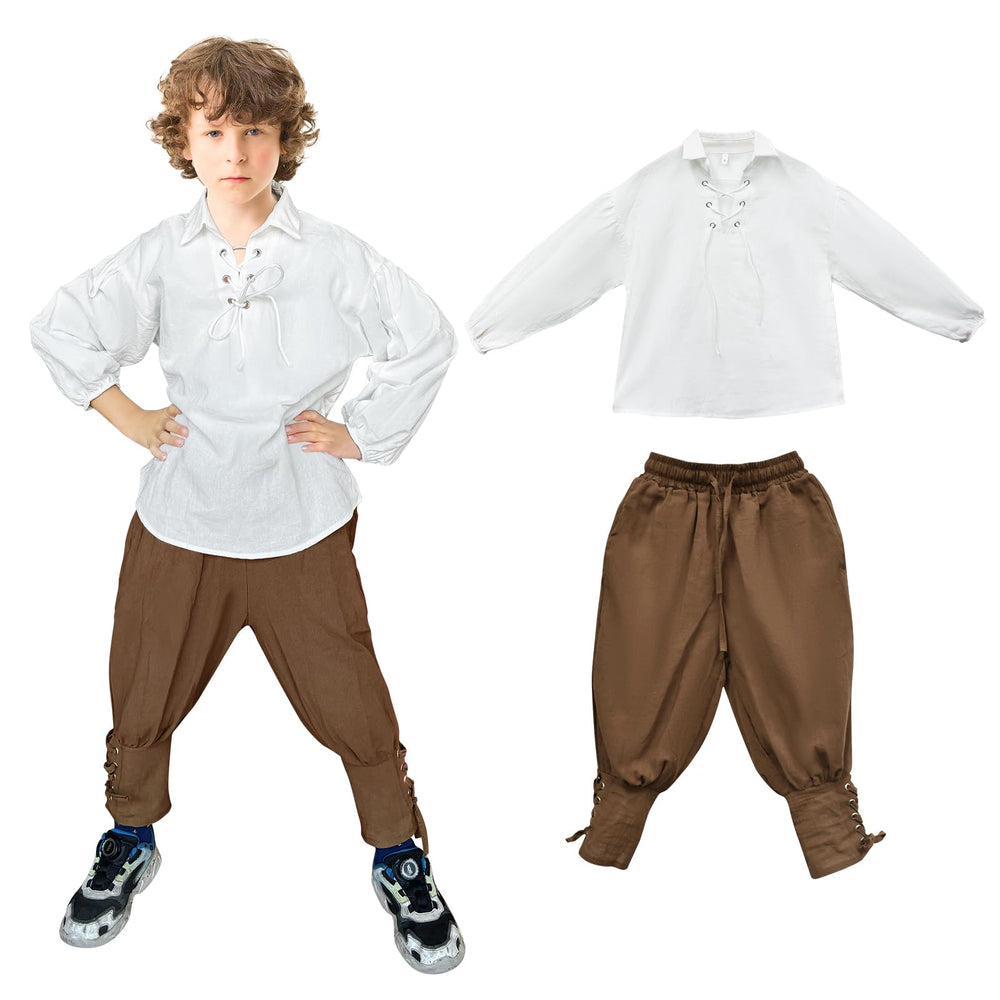 Prebene boys pirate set shirt and ankle pants in white and brown, ready for play.