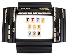Tile racks from Pressman Rummikub keep tiles organized for planning.