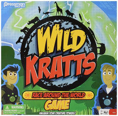 Pressman Wild Kratts Race Around the World board game cover showing colorful habitats for family play.