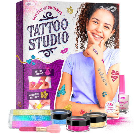 Pretty Me glitter tattoo kit packaging close-up, gift-ready presentation for birthdays.