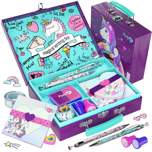 Pretty Me unicorn stationery set stored in a case, ideal for organized gifting.