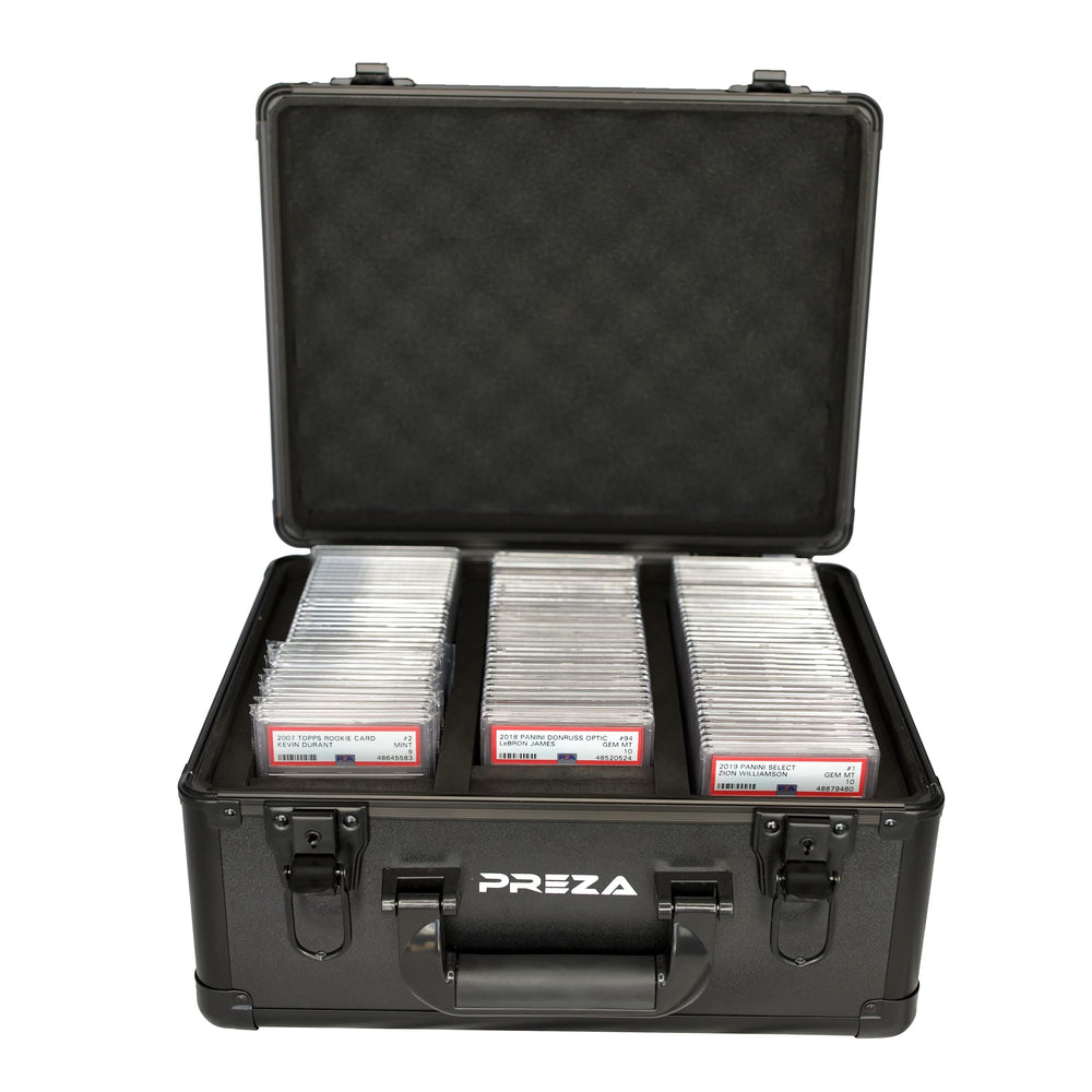 PREZA graded card storage box front view, compact and secure for PSA and BGS cards