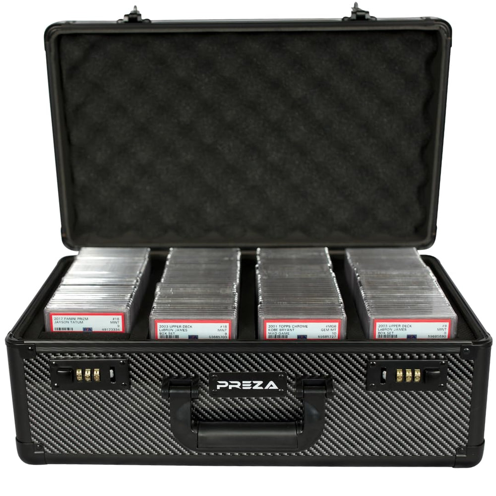 PREZA graded card storage box featuring carbon fiber slab case for collectors