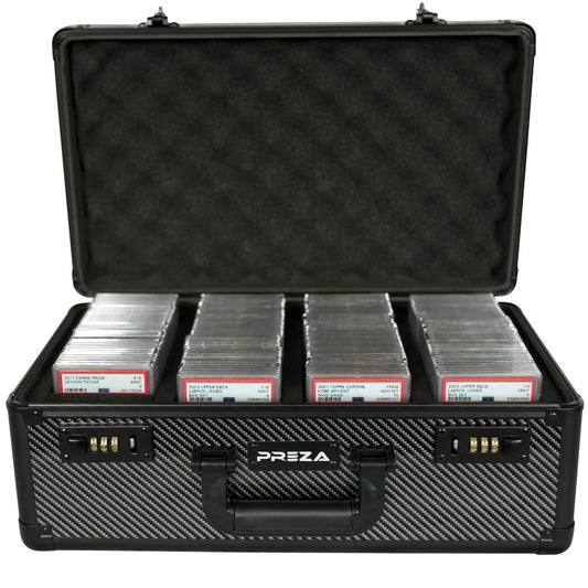 PREZA graded card storage box featuring carbon fiber slab case for collectors