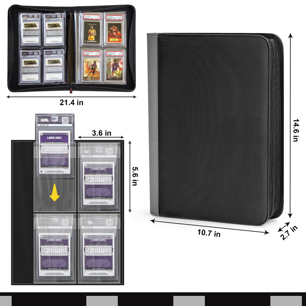 Black PREZA slab binder shows eight-sleeve layout for four cards each.