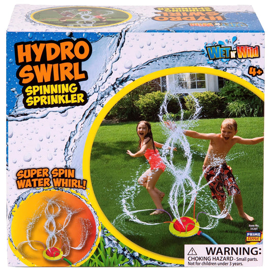 Prime Time Hydro Swirl Spinning Sprinkler attaches to hose for quick backyard cooling.