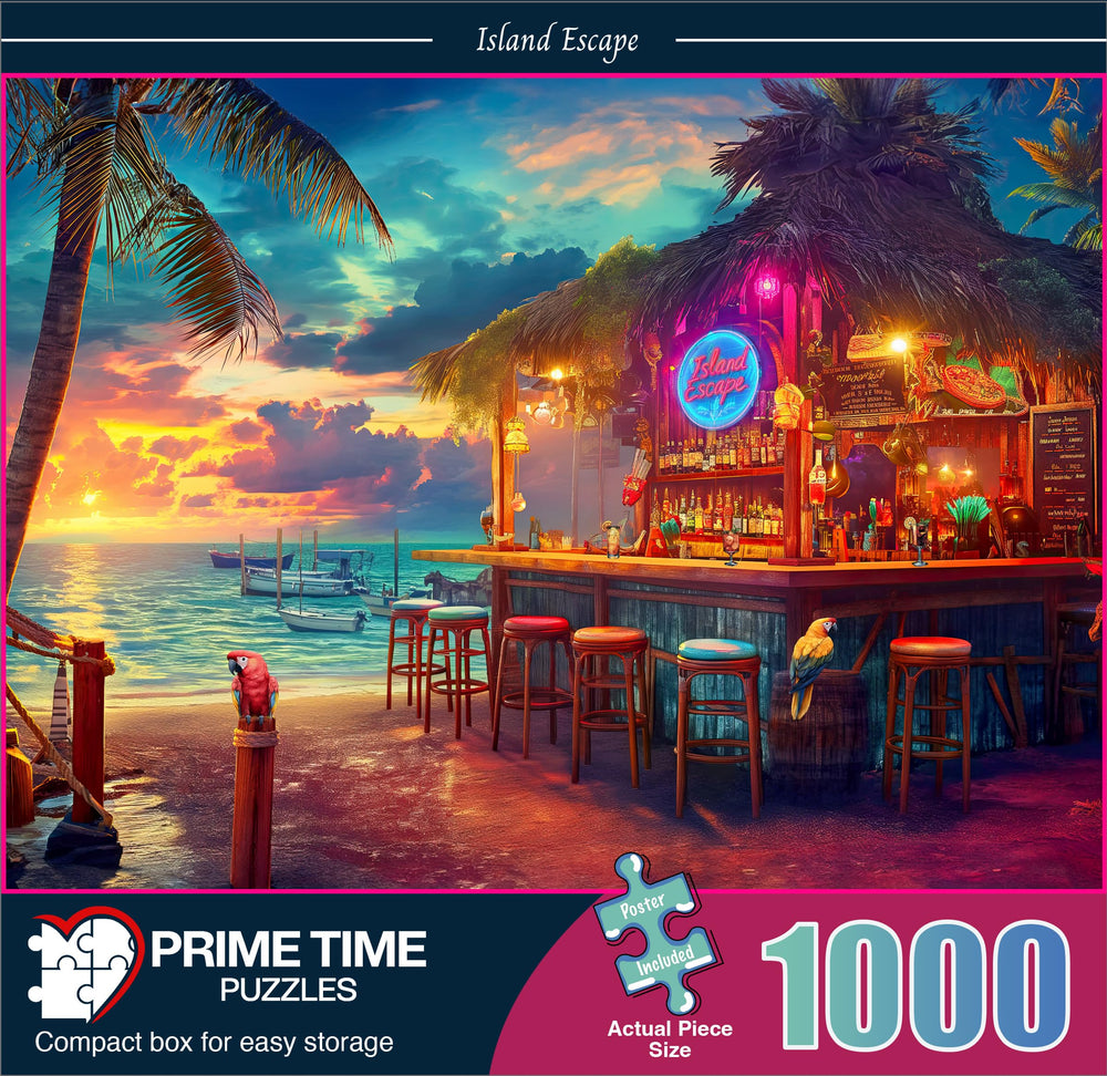 Prime Time Puzzles Beach Bar at Sunset highlights warm glow for cozy nights.