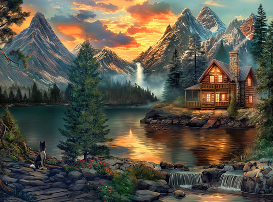 Prime Time Puzzles mountain cabin by lake sceneβrelaxing, immersive family puzzle time.