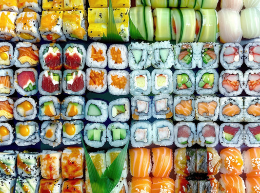 Prime Time Puzzles sushi rolls collage close-up with vibrant colors for relaxing challenge