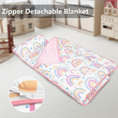 PRIMLECT Nap Mat Rainbow with detachable blanket for easy cleaning after daycare.