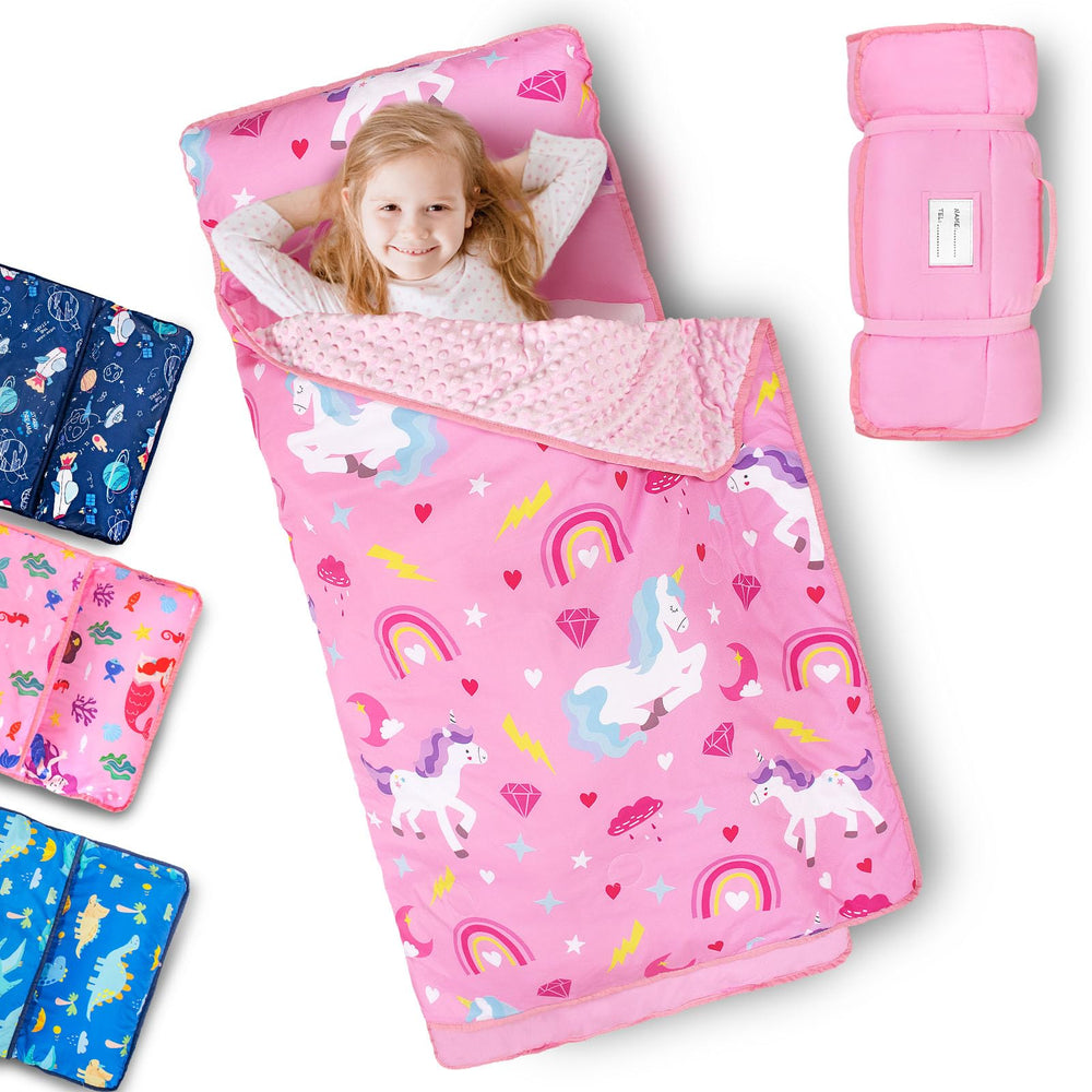 PRIMLECT toddler nap mat rolled with handle for easy transport.