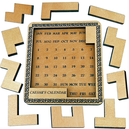 Project Genius Caesar's Calendar wood puzzle display for daily brain challenges on your desk.