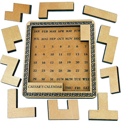 Project Genius Caesar's Calendar wood puzzle display for daily brain challenges on your desk.