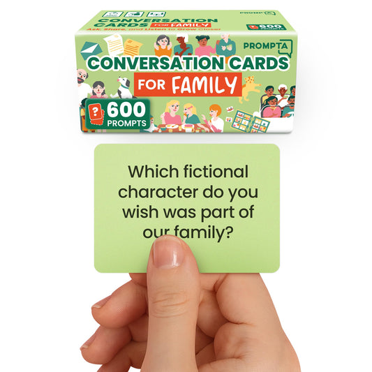 Prompta 600 conversation cards on a family dinner table encouraging bonding