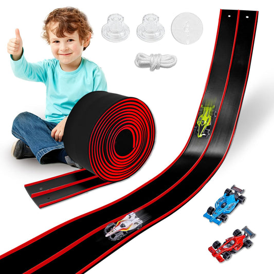 Prtneg 15ft flexible race track in action, ideal for imaginative play.