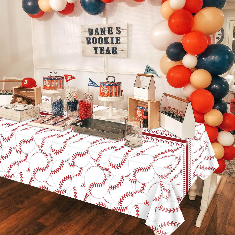 PTECDROTS baseball tablecloth doubles as a wall backdrop for photos.