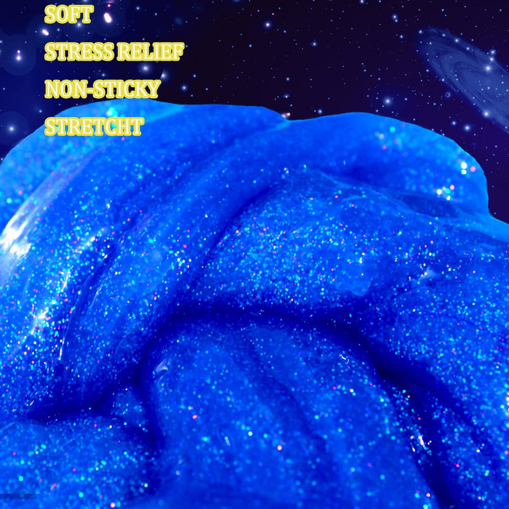 PTFVTN blue galaxy slime image shows soft texture for stress relief