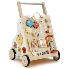 PTINFLUCE wooden baby walker front view with engaging learning toys for early exploration.