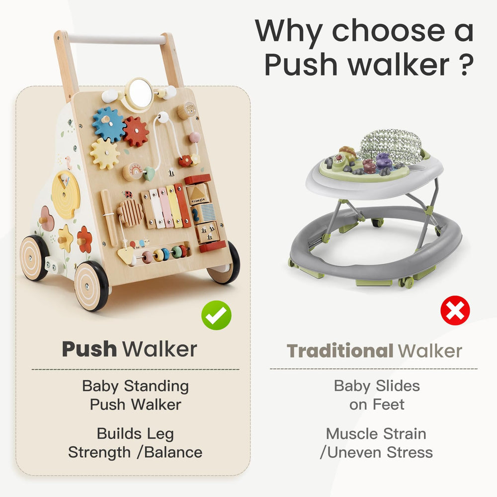 PTINFLUCE wooden baby walker height adjustment shows growing child fitting handle.
