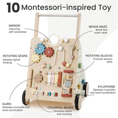 PTINFLUCE wooden baby walker side view showing adjustable height handle and safe design.