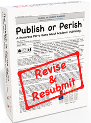 The Publish or Perish Game box and components for quick social play at academic gatherings.
