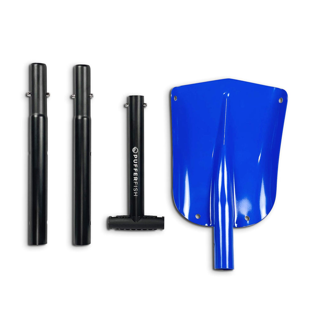 PUFFERFISH adjustable-length shovel shows customized digging depth and reach.