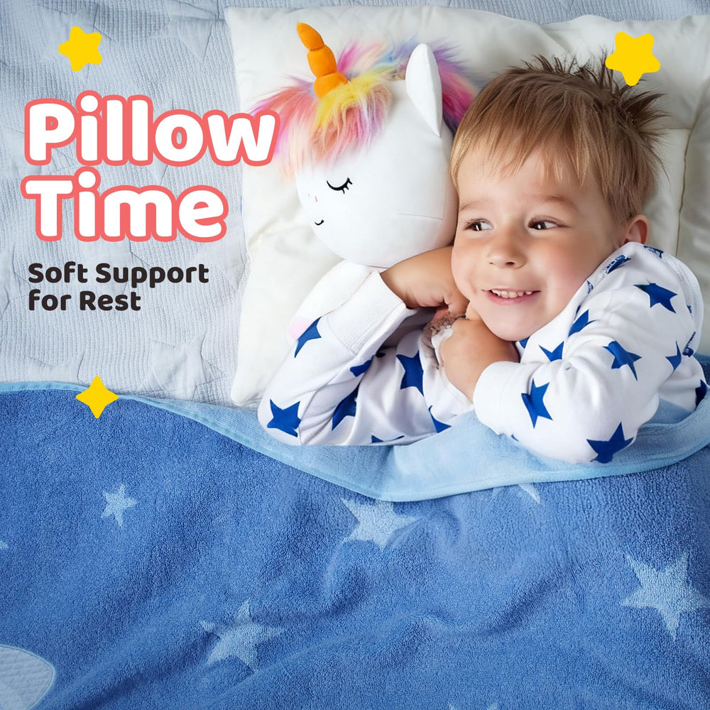 Puffpals 14in unicorn pillow in cozy room setting for easy positioning.