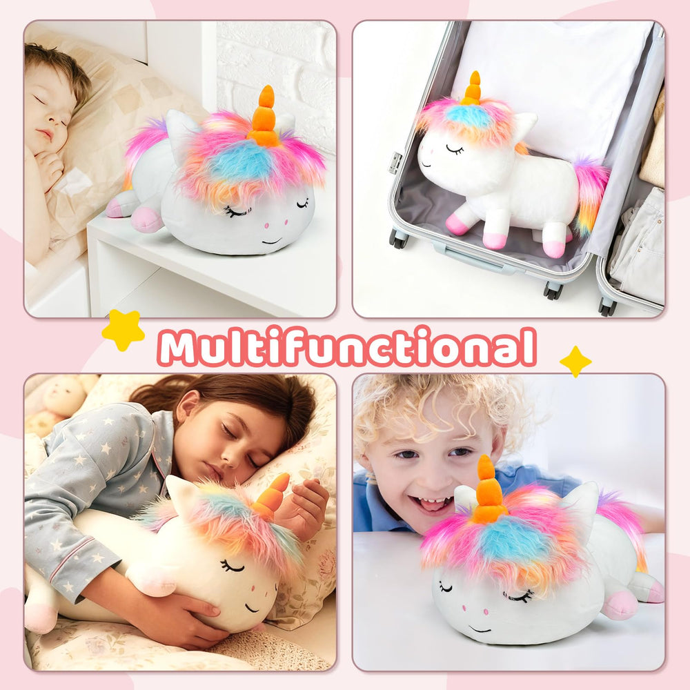 Puffpals cuddle time with unicorn plush during nap or wind-down.