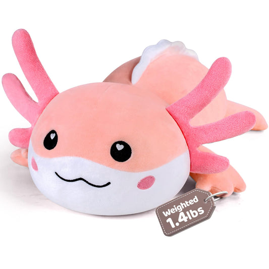 Puffpals weighted axolotl toy, front view, offers gentle pressure for relaxation.