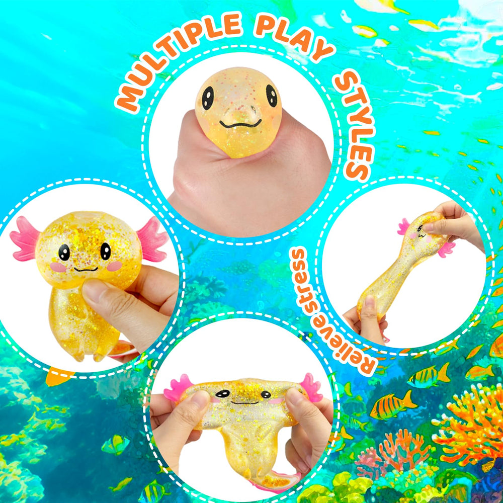 Puffwize axolotl squishy toy orange glitter detail, engaging texture for sensory play.