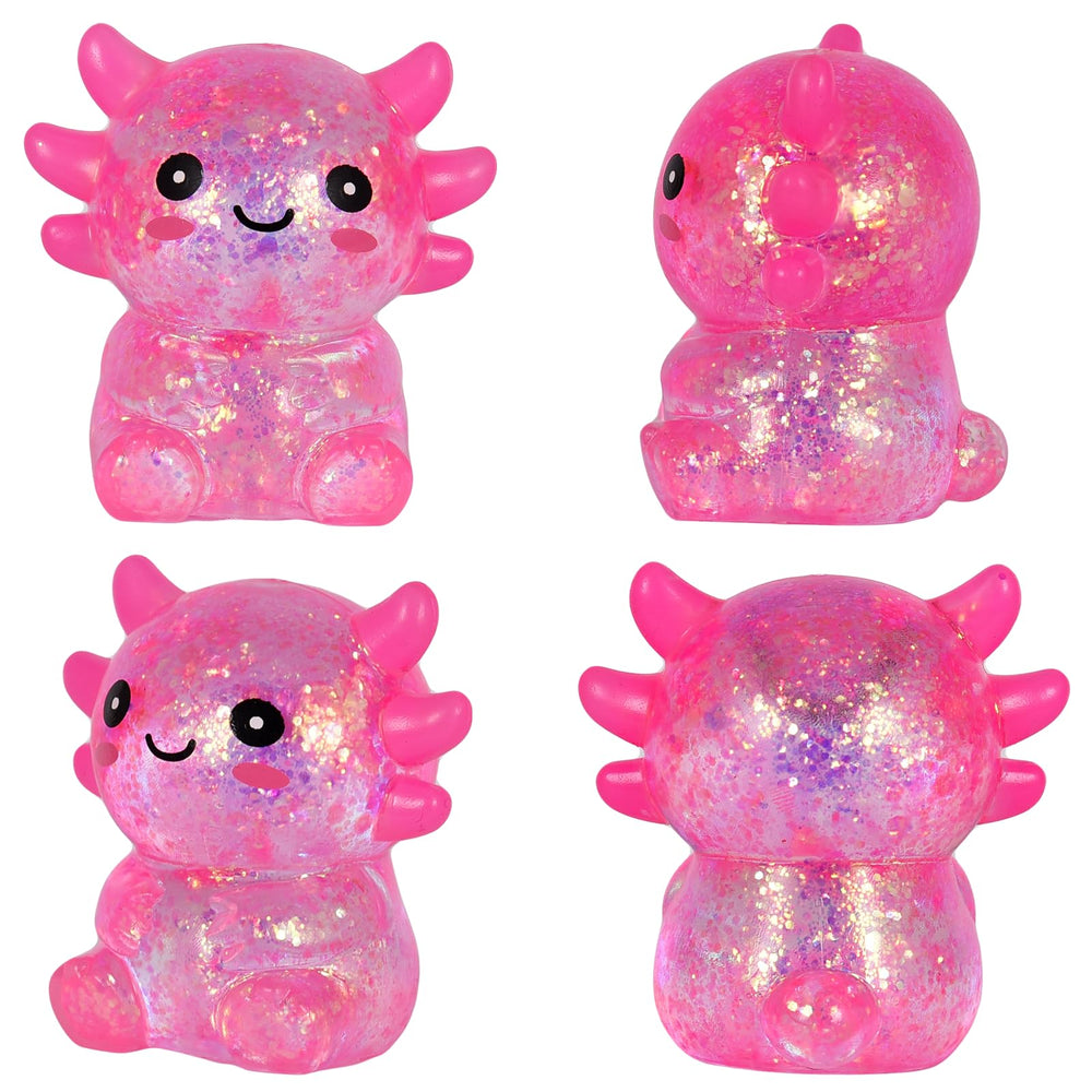 Puffwize pink axolotl squishy toy packaging and design detail close-up.