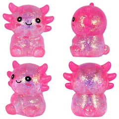 Puffwize pink axolotl squishy toy packaging and design detail close-up.