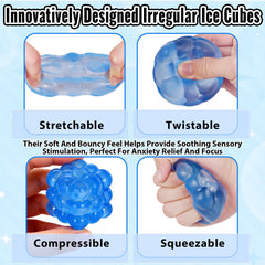 Puffwize Ice Cube Squishy Blue in hand, illustrating portable stress relief for kids and adults.
