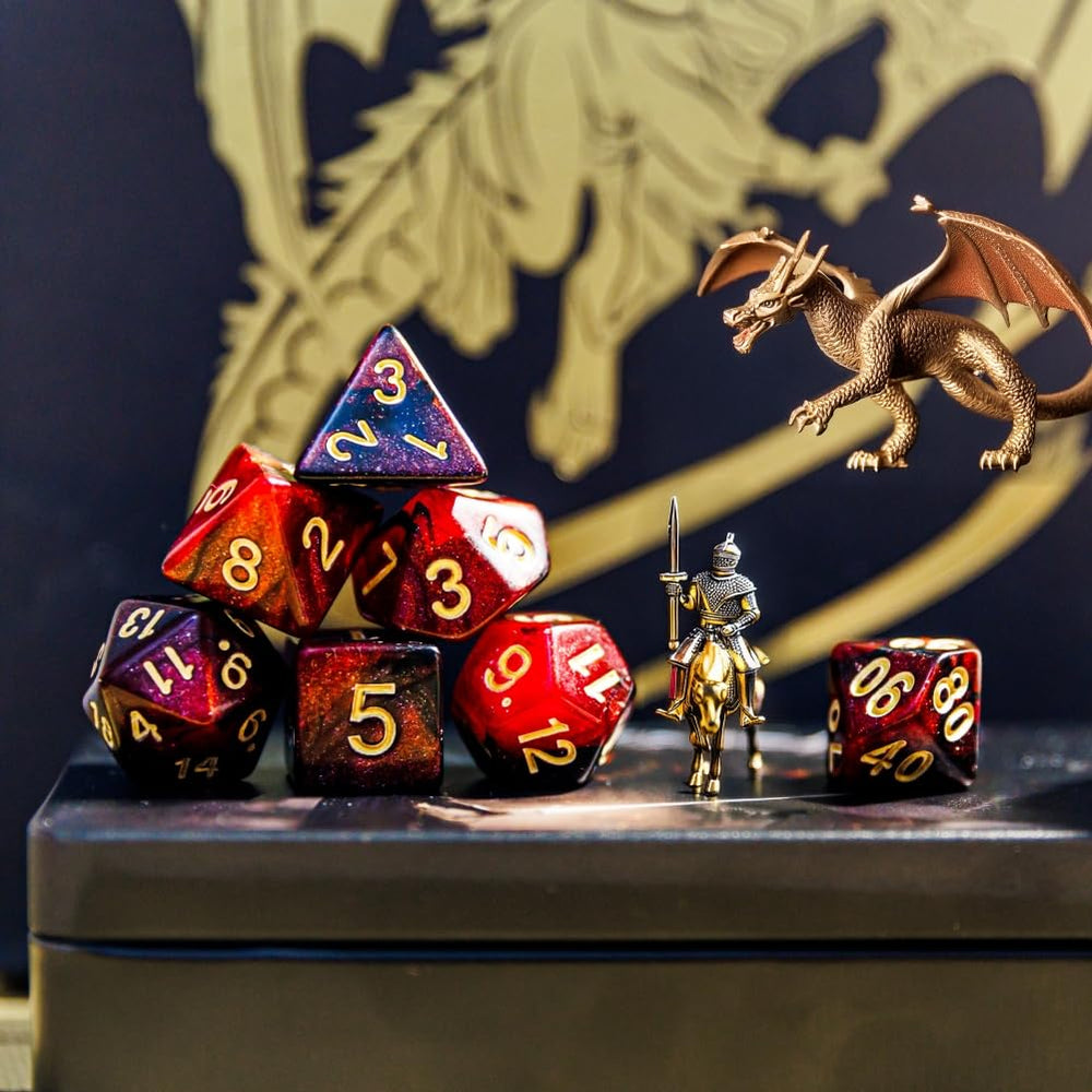 PUGED DND dice close-up highlighting distinct faces on a d12 set.
