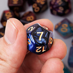 PUGED DND dice close-up with bold numbers on a d20 for quick readability.