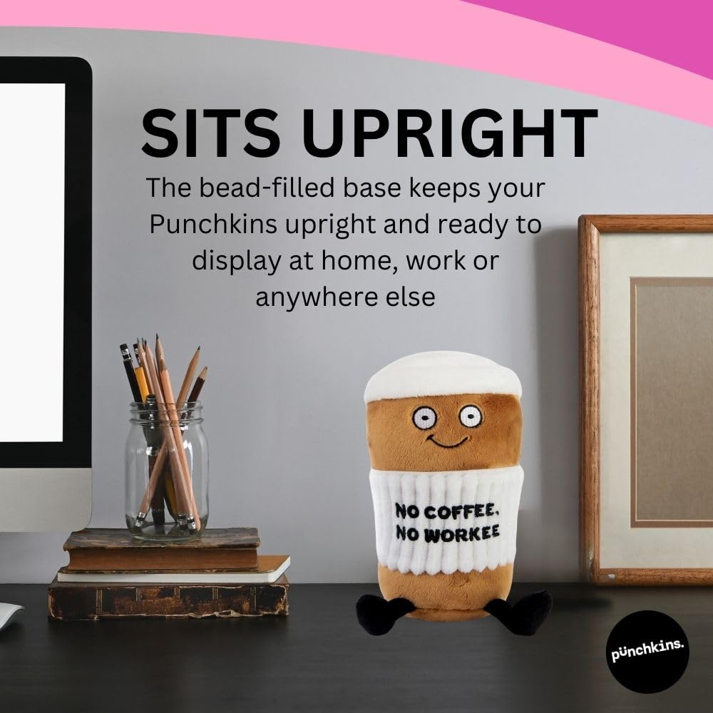 Punchkins Coffee Plushie shelf display adds a playful touch to any office.
