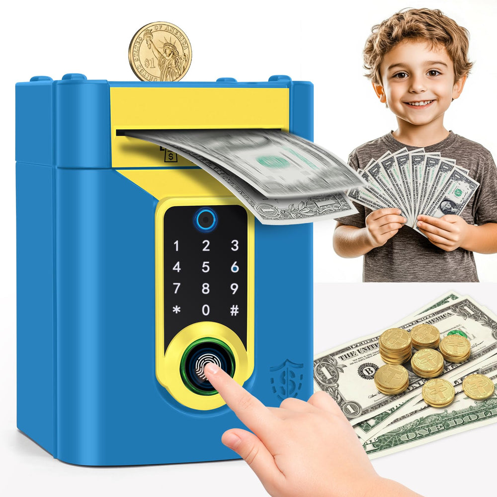 Pupidiu Fingerprint Piggy Bank front view promotes daily saving for kids.